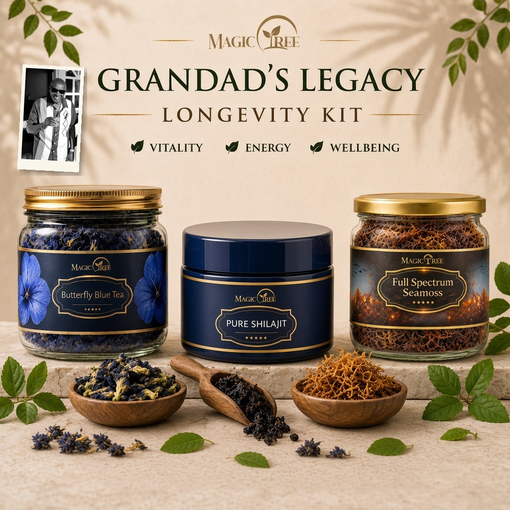 The Grandad Kit – Butterfly Blue Tea, Shilajit and Sea Moss, with a photo of Grandad