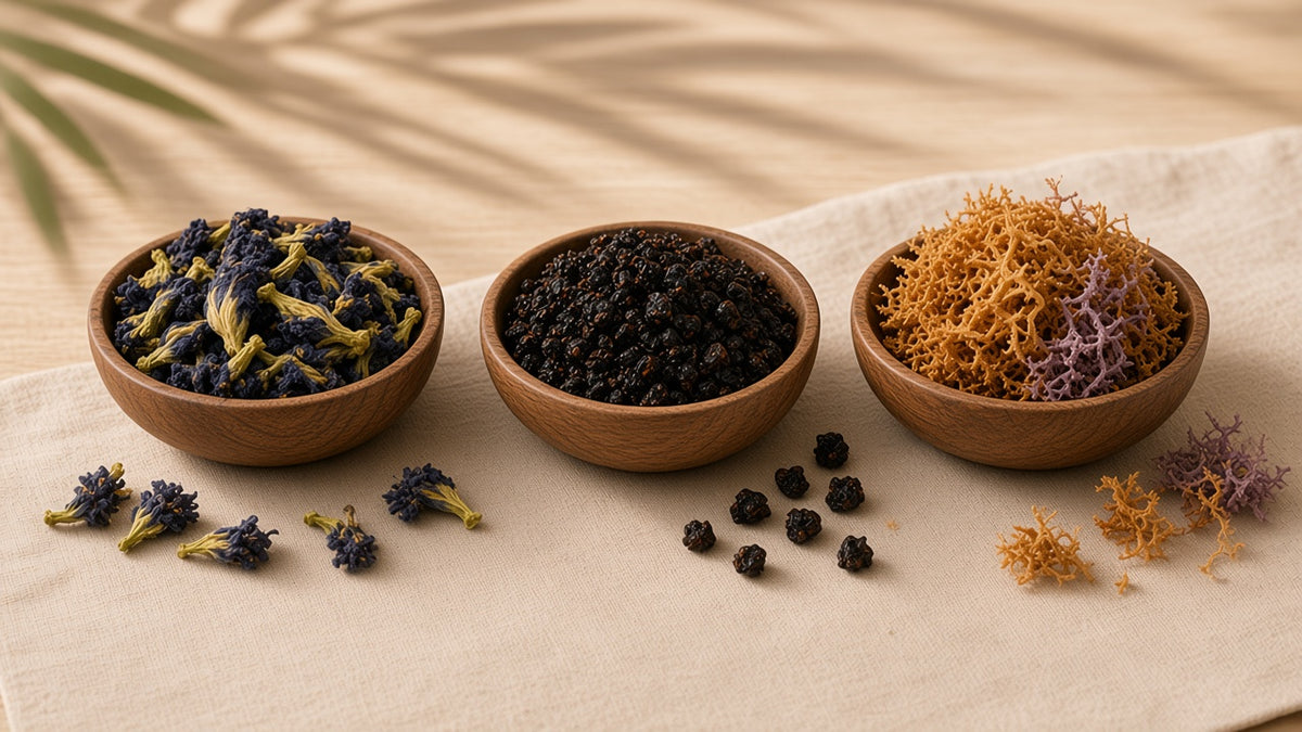 Loose Butterfly Blue Tea, Pure Himalayan Shilajit and Full Spectrum Seamoss in wooden bowls